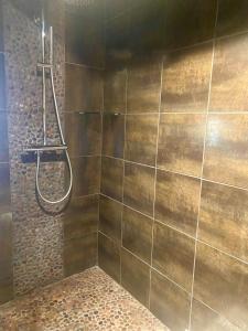 y baño con ducha y pared de piedra. en La Bouscatière, en Moustiers-Sainte-Marie