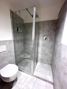y baño con ducha y aseo. en La Piazzetta in Centro en Foligno