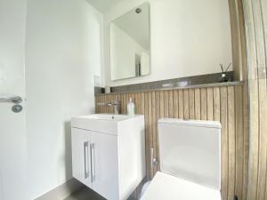 a bathroom with a sink and a toilet and a mirror at Jamestown 2 in Yarmouth +16 photos
