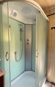 a shower with a glass enclosure in a bathroom at Turgensai in Taūtürgen