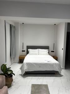 聖加利尼的住宿－PATRIC.KO，一间白色卧室,配有床和植物