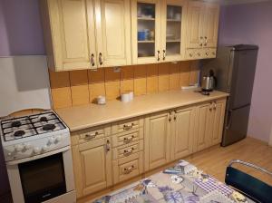 uma cozinha com armários de madeira e um frigorífico em Apartament pod Szlakiem em Korbielów
