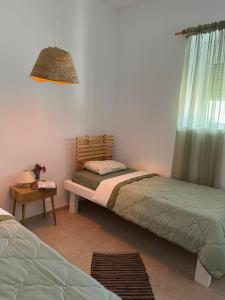a bedroom with two beds and a window at Villa FLORA in Kattavía