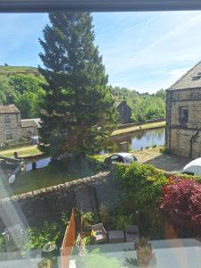 a view of a yard with a tree and a house at Todmorden Bed & Breakfast - The Toothless Mog in Walsden