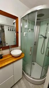 a bathroom with a glass shower and a sink at Le Buisson in Le Mont-Dore