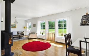 a living room with a fireplace and a red rug at Cozy Home In Nykping With House Sea View in Oxelösund