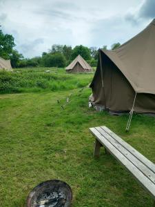 un groupe de tentes dans un champ avec banc dans l'établissement Gaggle of Geese Pub - Shepherd Huts & Bell Tents, à Dorchester