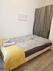 ein Schlafzimmer mit einem Bett mit Vorhang darauf in der Unterkunft RPStay in Wien