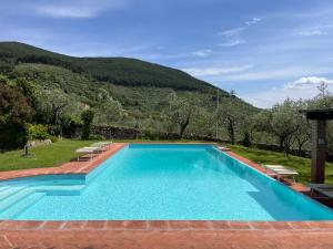 a swimming pool with chairs and a mountain in the background at Casa di Meo in Buti
