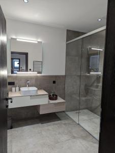 a bathroom with a sink and a shower at Apartment Talblick in Bramberg am Wildkogel