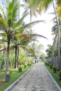 a cobblestone road in front of palm trees at J Villa in Gampaha