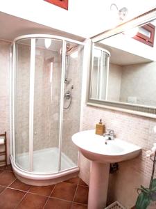 a bathroom with a shower and a sink and a mirror at Charming studio in La Massimina, 45 m² with private garden in La Massimina-Casal Lumbroso +13 photos