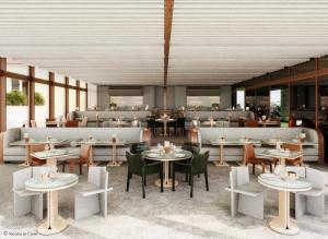 un rendering di un ristorante con tavoli e sedie di Hôtel Le Saint-James a Bouliac