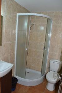 une salle de bain avec douche et toilettes dans l'établissement Vila Denisa, à Eforie Nord