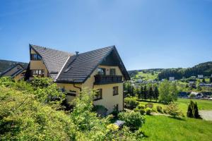 a house with a black roof on a hill at Pension Bergblick in Marienberg