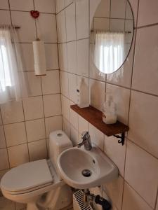 a bathroom with a toilet and a sink and a mirror at Valhöll Mountain Chalet in Ísafjörður