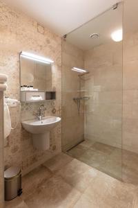 bagno con lavandino e doccia in vetro di Hotel Anno a Nové Město nad Metují