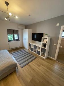 a bedroom with a flat screen tv and a bed at Rooms in Bacău