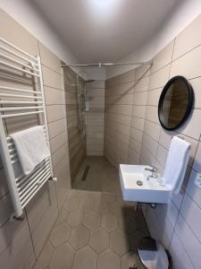 ein Bad mit einem Waschbecken und einer Dusche in der Unterkunft Rooms in Bacău