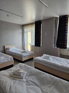 1 Schlafzimmer mit 3 Betten und einem Spiegel in der Unterkunft Біля Замку in Lwiw