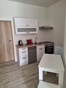 a small kitchen with a sink and a table at Ferienwohnung Diemel in Bad Karlshafen +9 photos