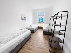 een kamer met 2 bedden en een ladder bij feworld living - Deutsch Wagram bei Wien in Deutsch-Wagram