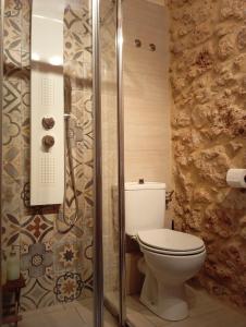 a bathroom with a toilet and a walk in shower at Niko's Stone Guest House in Plitra