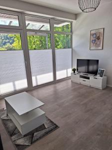 a living room with a flat screen tv and windows at Ferienwohnung Werra in Bad Karlshafen