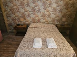 1 dormitorio con 1 cama y 2 mesitas de noche con 2 mesas en Hotel Geminis en Mendoza