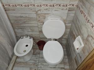 een badkamer met een wit toilet en een wastafel bij Hotel Geminis in Mendoza