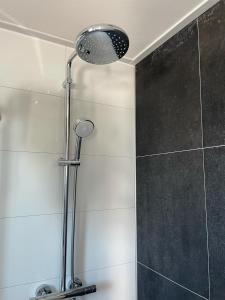 een douche met een douchekop in de badkamer bij Strand Chalet am IJsselmeer Haus 214 in Enkhuizen