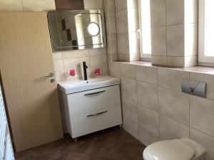 a bathroom with a toilet and a sink and a mirror at Apartments Ploka in Trogir