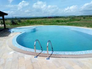 a large swimming pool with blue water in a yard at Lookout sirwa in Naivasha