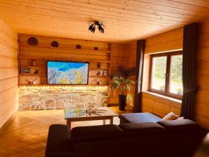 una sala de estar con un sofá y una pared de piedra en Stella Haus, en Dzianisz