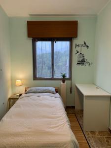 1 dormitorio con cama, ventana y escritorio en B&B il riccio, en Paspardo