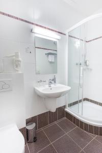 a bathroom with a sink and a shower at Hotel Hartig in Prague