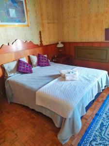 聖保羅的住宿－Suíte Cama Casal Queen Banheiro só seu CGH，一间卧室配有一张带紫色枕头的大床