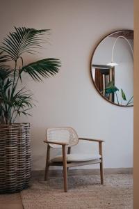 a chair and a mirror in a room with a plant at Hôtel Henry II Beaune Centre in Beaune