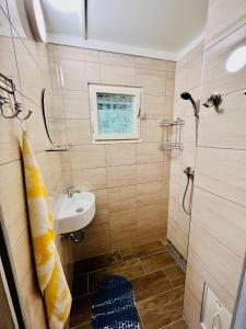 a bathroom with a sink and a shower at Chaty Vysočina in Polesí