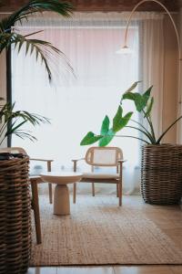 a living room with a table and two plants at Hôtel Henry II Beaune Centre in Beaune