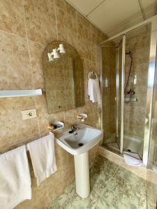 uma casa de banho com um lavatório e um chuveiro em Hotel Vasco Da Gama em Sabaris
