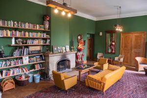 sala de estar con chimenea y paredes verdes en COCONAT-a workation retreat & Coworking, en Hagelberg