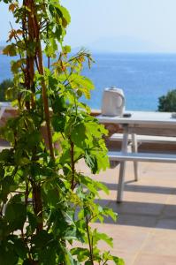 a table and a bench on a deck with the ocean at Villa Aristoteles in Halki