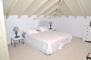 a bedroom with a white bed and two night stands at Villa Aristoteles in Halki