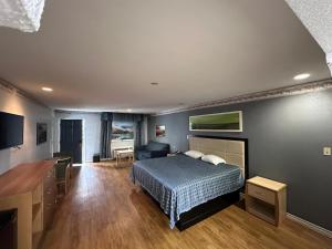 ein Schlafzimmer mit einem Bett und einem Schreibtisch in einem Zimmer in der Unterkunft Mustang Inn and Suites in San Antonio