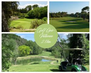 un collage di foto di un golfista con golf cart e laghetto di Villa "L'émeraude - Maison d'Hôtes - Jardin et parking privés - Valbonne a Valbonne