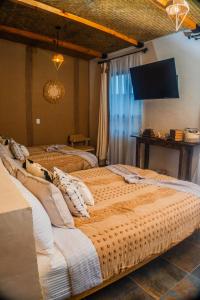 a bedroom with two beds and a flat screen tv at Tierra Madre Hotel Boutique in Comonfort