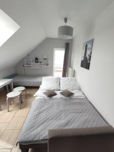 1 dormitorio con 1 cama y escritorio en una habitación en Nostalgia Gąski, en Gąski