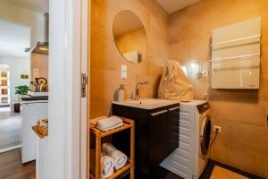 een kleine badkamer met een wastafel en een spiegel bij Tiny house - fietsverhuur, eigen keuken en badkamer in Nijmegen