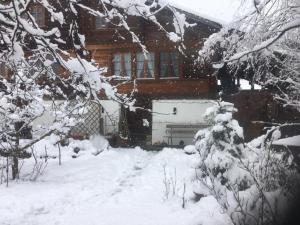 una casa cubierta de nieve delante de ella en Darioli 5-Bettwohnung - b48641 en Innertkirchen